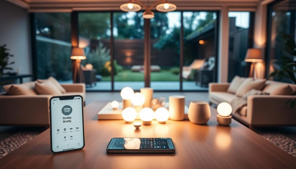A modern smart home interior showcasing the benefits of the iOS ecosystem. In the foreground, display a sleek, contemporary living room with a stylish coffee table featuring an iPhone controlling smart devices. The iPhone screen should show the Spotify app alongside smart light controls. In the middle, portray various smart home gadgets like smart speakers, light bulbs, and a digital assistant, all interconnected and illuminated with soft, ambient lighting to create a cozy atmosphere. In the background, feature large windows with a view of a serene garden, allowing natural light to flood the room. Use a warm color palette to evoke comfort and innovation, capturing the essence of a harmonious smart home environment. The scene should appear inviting, embodying modern technology seamlessly integrated into daily living. A modern smart home interior showcasing the benefits of the iOS ecosystem. In the foreground, display a sleek, contemporary living room with a stylish coffee table featuring an iPhone controlling smart devices. The iPhone screen should show the Spotify app alongside smart light controls. In the middle, portray various smart home gadgets like smart speakers, light bulbs, and a digital assistant, all interconnected and illuminated with soft, ambient lighting to create a cozy atmosphere. In the background, feature large windows with a view of a serene garden, allowing natural light to flood the room. Use a warm color palette to evoke comfort and innovation, capturing the essence of a harmonious smart home environment. The scene should appear inviting, embodying modern technology seamlessly integrated into daily living.