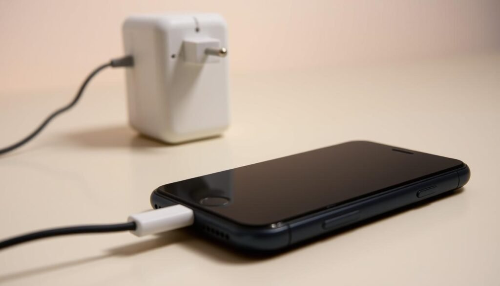 A smartphone being charged by a power bank or wall adapter, depicted in a realistic, high-detail style. The foreground shows the smartphone's screen and charging port, with a power cable connected. The middle ground features the power bank or wall adapter in a natural, uncluttered composition. The background has a clean, minimalist setting, perhaps a plain workspace or table, to emphasize the focus on the charging device. The lighting is soft and diffused, creating a warm, ambient atmosphere. The image conveys a sense of functionality and efficiency, highlighting the importance of proper smartphone charging habits.