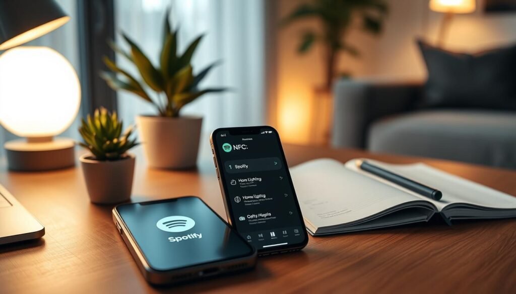 A stylish, modern workspace featuring an iPhone 15 prominently displaying NFC tag interactions. In the foreground, a sleek wooden desk with an NFC tag positioned beside a small, potted plant and an open notebook filled with notes on optimizing technology. The middle ground focuses on the iPhone 15 with a glowing screen, showcasing the Spotify app and home lighting controls, all activated via the NFC tag. The background subtly includes soft lighting emanating from a lamp, casting a warm glow throughout the room, enhancing the high-tech ambiance. The scene is captured from a slightly elevated angle to emphasize the interaction, with soft focus on the surroundings. Overall, a tech-savvy atmosphere illustrating the daily practicality of NFC tag optimization, conveying efficiency and innovation. A stylish, modern workspace featuring an iPhone 15 prominently displaying NFC tag interactions. In the foreground, a sleek wooden desk with an NFC tag positioned beside a small, potted plant and an open notebook filled with notes on optimizing technology. The middle ground focuses on the iPhone 15 with a glowing screen, showcasing the Spotify app and home lighting controls, all activated via the NFC tag. The background subtly includes soft lighting emanating from a lamp, casting a warm glow throughout the room, enhancing the high-tech ambiance. The scene is captured from a slightly elevated angle to emphasize the interaction, with soft focus on the surroundings. Overall, a tech-savvy atmosphere illustrating the daily practicality of NFC tag optimization, conveying efficiency and innovation.