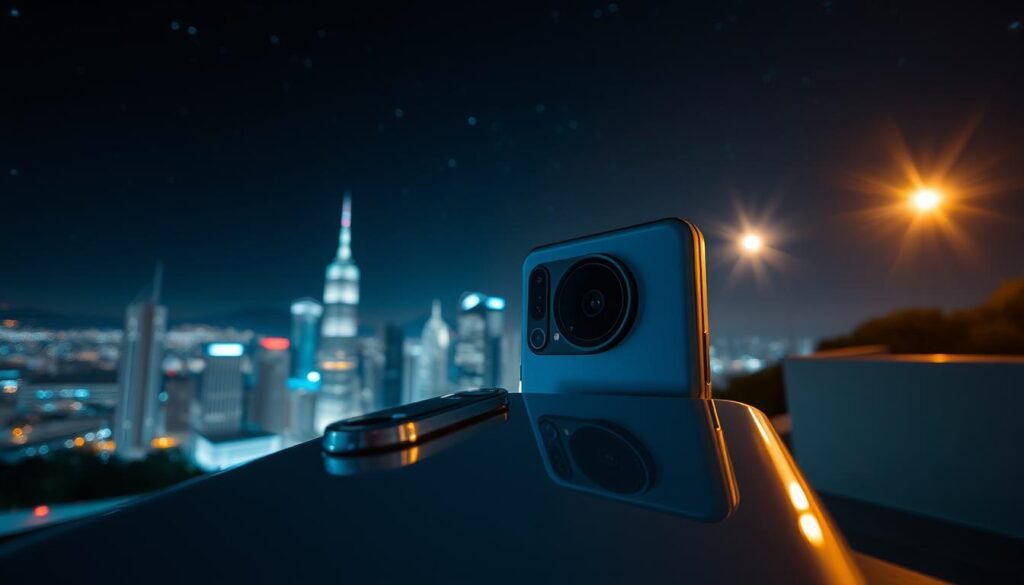 A captivating nighttime scene showcasing the Xiaomi 14 Ultra's impressive periscope camera in action. In the foreground, focus on a sleek, modern smartphone with a glossy finish, the periscope lens prominently visible. The middle ground features a vibrant city skyline illuminated by twinkling lights, emphasizing the camera’s ability to capture intricate details in low light. In the background, a starry sky adds depth, with luminous stars shining brightly, enhancing the quality of night photography. The setting conveys a sense of exploration and technological advancement. Use dramatic lighting to highlight the smartphone's features, creating an atmosphere of sophistication and innovation, with a slight bokeh effect around the edges to draw attention to the camera lens.