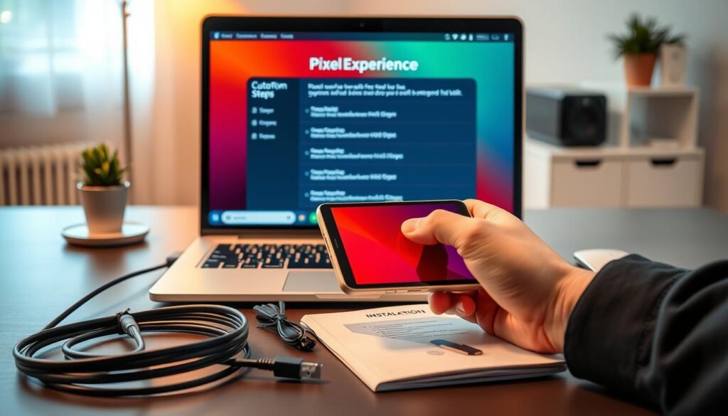 A clean, organized workspace featuring a modern laptop displaying the PixelExperience custom ROM installation interface. In the foreground, a set of tools including a USB cable, a smartphone (a Xiaomi model) in professional-looking hands, and an instructional guide laid beside it. The background displays a soft-focus home office environment with warm, natural lighting filtering through a window, giving a calm atmosphere. The laptop's screen should show clear steps for the installation process, with vibrant colors for a tech-oriented feel. The overall mood is focused and professional, inviting readers to delve into the installation steps with confidence.