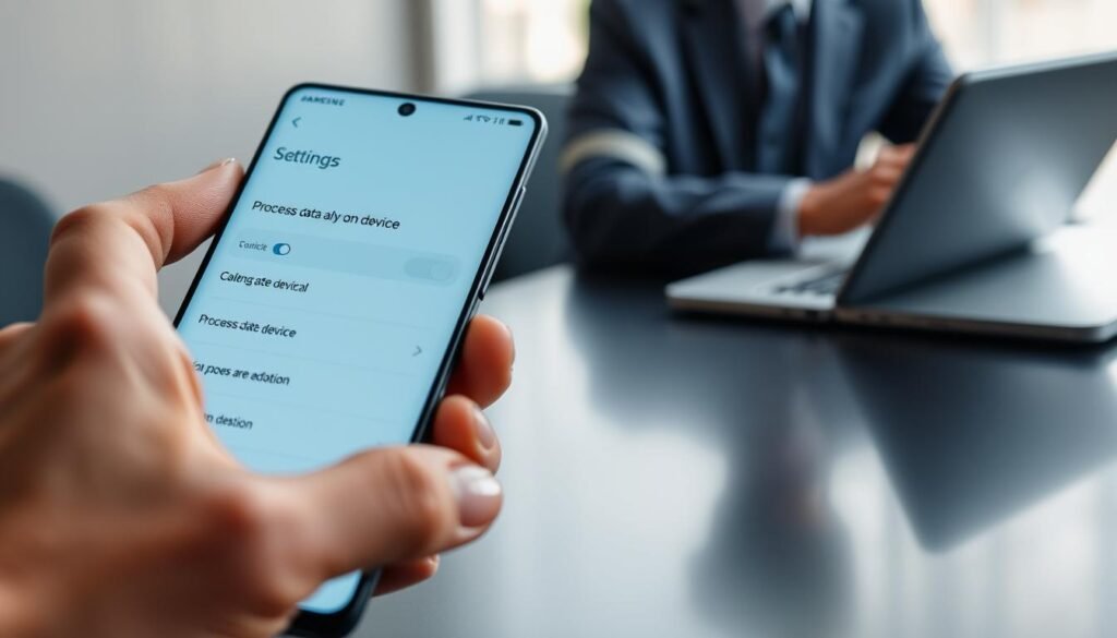 A close-up of a Samsung Galaxy S24 Ultra smartphone displaying the “Process data only on device” option in its settings menu. The screen is bright and vivid, showcasing a clean, modern interface with emphasis on the toggle switch and features. In the foreground, a careful hand in a professional business attire gently interacts with the device. The middle ground shows the smartphone with a subtle reflection on a sleek dark desk. The background is softly blurred, hinting at a modern office environment with minimalistic design elements, soft natural lighting creating a calming atmosphere. The overall mood is focused and professional, highlighting the advanced technological capabilities of the device while maintaining a serene and sophisticated tone.
