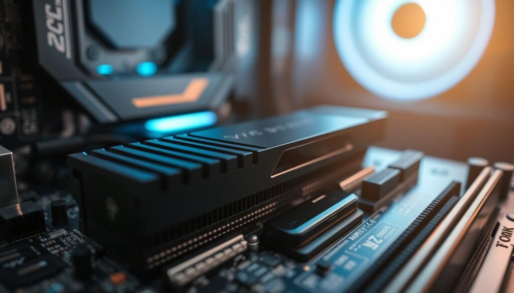 A close-up view of a modern motherboard setup, prominently featuring two NVMe SSDs installed in RAID 0 configuration. The foreground showcases the SSDs with sleek heatsinks reflecting the light subtly. The middle layer emphasizes the intricate circuitry and connectors on the motherboard, with a focus on the RAID controller chip. The background is softly blurred, showcasing a high-end gaming PC case with ambient LED lighting, casting a blue-green glow. The setting is well-lit, highlighting the motherboard’s details, with a slight depth of field effect to draw attention to the RAID setup. The atmosphere is technical and sophisticated, ideal for an enthusiast audience.