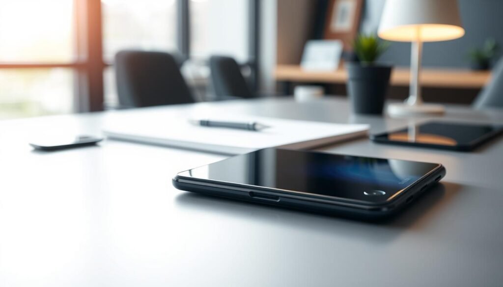 A close-up view of the Samsung Galaxy Z Fold 5, prominently displaying its unique screen crease when the phone is opened. The foreground shows the device resting on a sleek, modern desk, with the crease highlighted under soft, diffused lighting that emphasizes its texture. In the middle, there are a few office items like a stylish pen and a notebook to create a professional atmosphere. The background features a softly blurred workspace, suggesting a dynamic environment for productivity, with warm natural light filtering through a window. The overall mood is focused and analytical, inviting engagement with technology and user experience.