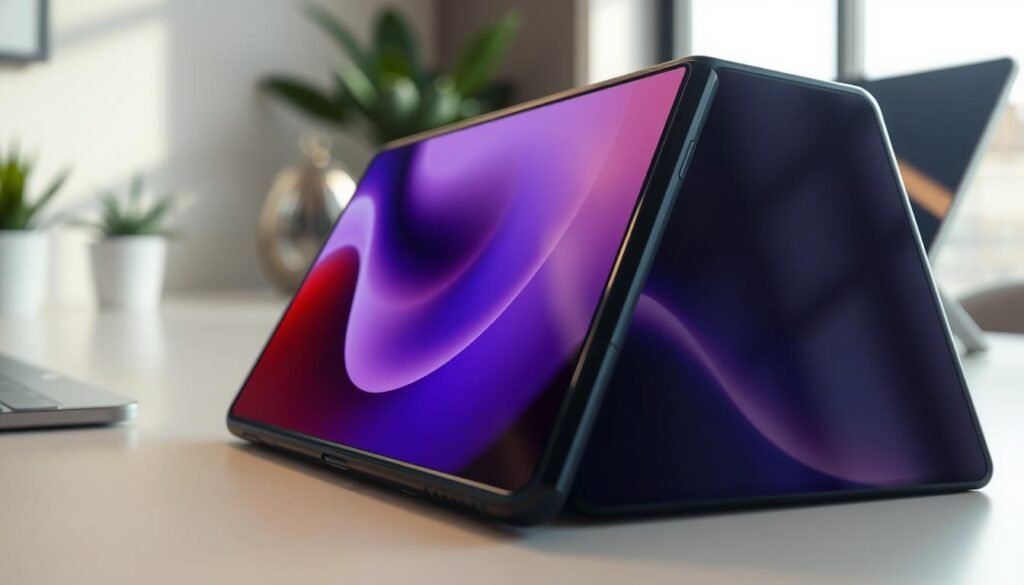 A close-up view of the Samsung Galaxy Z Fold 5, showcasing its innovative screen crease technology. The foreground features the smartphone opened to reveal the vibrant inner display, highlighting the seamless transition where the screen folds, emphasizing the minimal crease. The middle ground includes soft-focus details of the screen’s texture, illustrating the material's smoothness and reflective qualities. The background shows a sleek, modern workspace with soft, diffused natural lighting coming from a window, creating a calm and professional atmosphere. The angle should be slightly tilted to enhance the dimensionality of the fold, inviting viewers to appreciate the engineering behind the design.