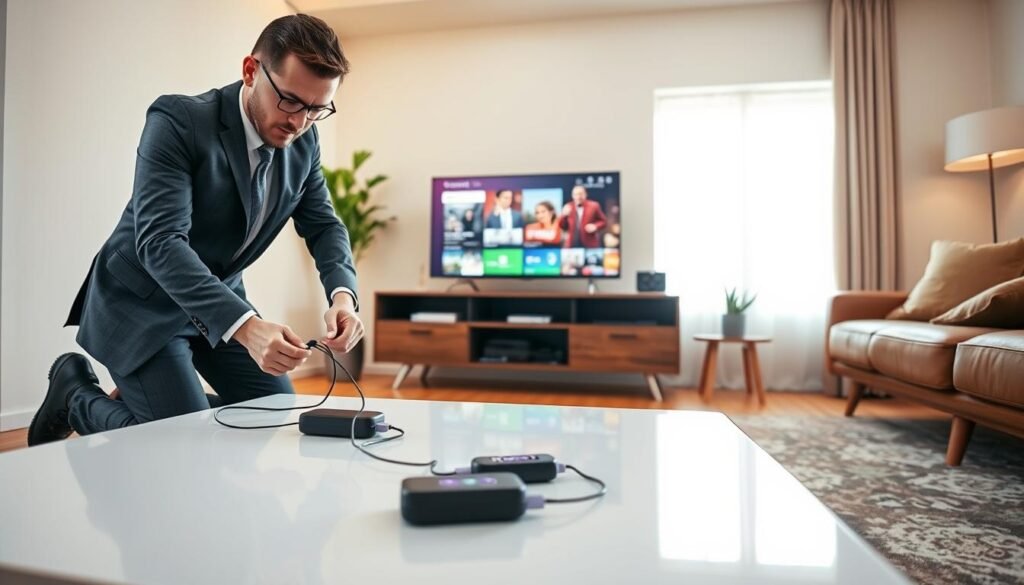 A cozy living room scene featuring a professional-looking individual in business attire setting up streaming devices for a Smart TV Android and Roku TV. In the foreground, the person is kneeling beside a sleek, modern coffee table, carefully connecting cables from the devices to the TV. The middle ground displays both the Smart TV Android and Roku TV on a stylish entertainment center, showing vibrant interface screens. The background features a softly lit room with warm tones, showcasing a large window that lets in natural light, enhancing the atmosphere of comfort and professionalism. The composition uses a slightly low angle to capture the entire setup, conveying a sense of engagement and focus on the streaming process.