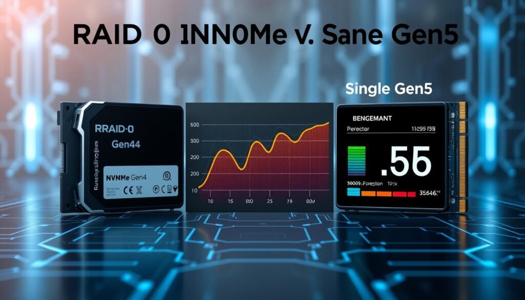 A detailed and informative infographic comparing storage performance between RAID 0 NVMe Gen4 and Single Gen5 setups. In the foreground, showcase two stylized storage devices, one labeled RAID 0 Gen4 with a sleek design, and the other labeled Single Gen5, both with visible technical specifications highlighted. The middle section features a dynamic graph depicting benchmark performance metrics, with contrasting color schemes for each storage type to enhance clarity. The background is a subtle, tech-inspired pattern with soft lighting that creates a high-tech atmosphere. The image is to be presented from a slightly elevated angle, capturing the intricate details of the devices and the graph, evoking a sense of cutting-edge technology and innovation in storage solutions.