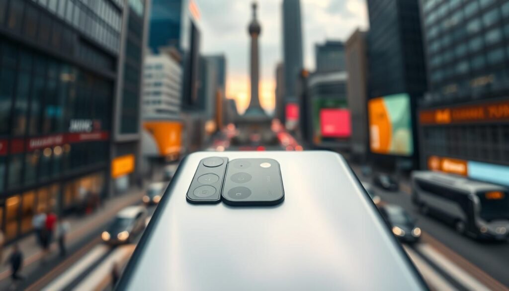 A detailed close-up of a Xiaomi 14 Ultra smartphone prominently displayed in the foreground, showcasing its sleek, modern design and large 1-inch periscope camera sensor. The middle layer includes a blurred cityscape background suggesting a global market vibe, with skyscrapers and busy streets to hint at the economic context. Soft, diffused lighting emphasizes the premium materials of the device, creating a polished look. Capture the image from a slight low angle to give the phone an authoritative presence. The atmosphere should feel dynamic and contemporary, reflecting the technology's innovation and competitiveness in both global and Indonesian markets, without any text or distractions.