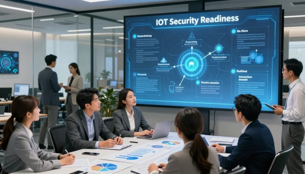 A detailed organizational roadmap illustrating the journey towards IoT security readiness. In the foreground, a diverse group of professionals in business attire discuss strategies, with charts and graphs spread across a table. The middle layer features a large digital display showcasing key milestones, policies, and incident response plans, illuminated with a soft blue glow. In the background, a modern office setting with glass walls reflects a collaborative atmosphere, decorated with tech-themed artwork. The lighting is bright and inviting, emphasizing a sense of urgency and focus. The overall mood conveys determination and clarity about the path to enhancing security in smart home devices. The perspective is slightly elevated, capturing both the group and the digital display effectively.