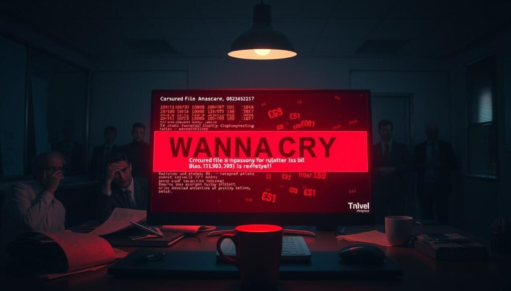 A dramatic portrayal of a computer screen displaying a corrupted file message, symbolizing the impact of the WannaCry ransomware attack. In the foreground, the glowing screen shows cryptic binary code and a bold ransom note overlay, with a sinister red hue to evoke urgency. The middle layers depict a cluttered office space, with disheveled papers and an abandoned coffee cup, hinting at chaos and disruption. In the background, shadows of frustrated business professionals in professional attire are visible, their faces displaying concern and confusion, as they witness the fallout of the digital attack. The lighting is dim, with a single overhead light illuminating the screen, creating a tense atmosphere that reflects the global ramifications, emphasizing the severity of the 230,000 computer infections and billions in losses.