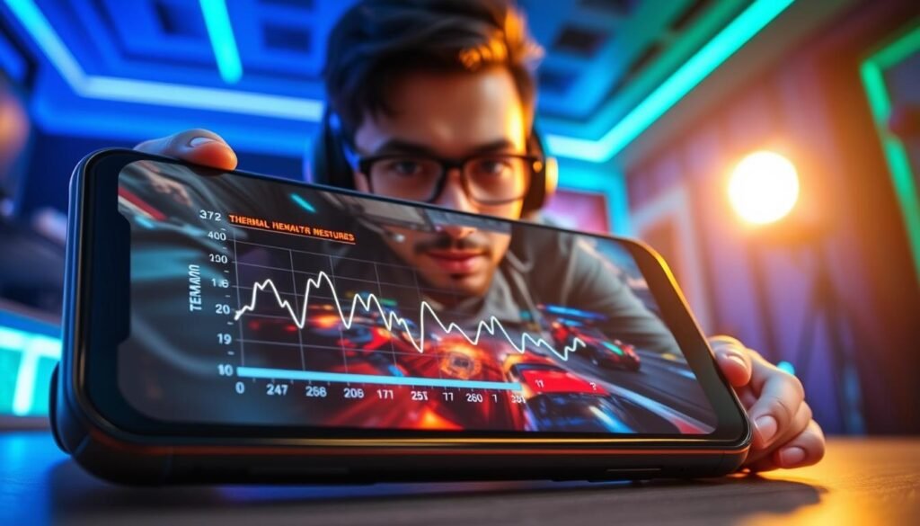 A dynamic gaming scene illustrating thermal behavior throttling with a close-up view of a sleek, modern gaming smartphone showcasing the Dimensity 9200 chipset. In the foreground, the phone displays a graph overlay indicating temperature fluctuations and performance metrics. The middle ground features a passionate gamer, dressed in professional casual attire, intently focused on the screen as vibrant game graphics fill the display. The background captures a cool, tech-inspired environment with ambient LED lighting in blues and greens, emphasizing the high-tech atmosphere. Use a slightly dramatic lighting effect to highlight both the smartphone and the gamer's expression, creating a sense of high stakes and performance. Capture the scene from a low angle for a more immersive perspective.