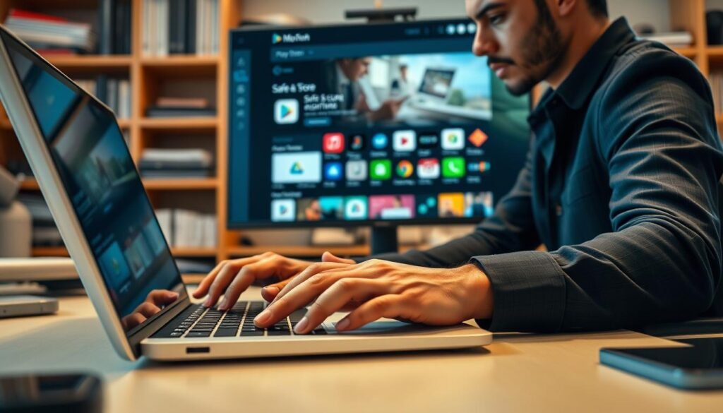 A focused depiction of a professional, tech-savvy individual, "play store aman," seated at a desk, analyzing a digital interface on a laptop. In the foreground, the person's hands are poised over the keyboard, highlighting their concentration. The middle ground features a large screen displaying a vibrant and user-friendly Play Store interface filled with app icons, emphasizing safe and secure applications. The background includes shelves of books and technological gadgets, creating an organized and modern office atmosphere. Use soft, warm lighting to convey a sense of safety and professionalism, and capture the scene from a slightly elevated angle, providing a clear view of both the individual and the screen. The overall mood should promote vigilance and awareness in tech usage, showcasing the importance of navigating digital spaces responsibly. A focused depiction of a professional, tech-savvy individual, "play store aman," seated at a desk, analyzing a digital interface on a laptop. In the foreground, the person's hands are poised over the keyboard, highlighting their concentration. The middle ground features a large screen displaying a vibrant and user-friendly Play Store interface filled with app icons, emphasizing safe and secure applications. The background includes shelves of books and technological gadgets, creating an organized and modern office atmosphere. Use soft, warm lighting to convey a sense of safety and professionalism, and capture the scene from a slightly elevated angle, providing a clear view of both the individual and the screen. The overall mood should promote vigilance and awareness in tech usage, showcasing the importance of navigating digital spaces responsibly.