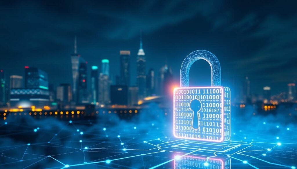 A futuristic digital landscape representing "data encryption" for data protection. In the foreground, a glowing lock symbol made of binary code, symbolizing secure data encryption, with bright, luminescent details. The middle ground features abstract representations of data packets flowing securely, surrounded by a network of interconnected nodes illustrating a VPN connection. The background consists of a dark, tech-inspired city skyline illuminated with neon lights, conveying a sense of advanced technology. Soft blue and green lighting casts a serene atmosphere, while a subtle mist adds depth. The overall mood is secure and proactive, emphasizing the importance of data protection in a connected world. The composition should be dynamic and visually engaging without any text or logos. A futuristic digital landscape representing "data encryption" for data protection. In the foreground, a glowing lock symbol made of binary code, symbolizing secure data encryption, with bright, luminescent details. The middle ground features abstract representations of data packets flowing securely, surrounded by a network of interconnected nodes illustrating a VPN connection. The background consists of a dark, tech-inspired city skyline illuminated with neon lights, conveying a sense of advanced technology. Soft blue and green lighting casts a serene atmosphere, while a subtle mist adds depth. The overall mood is secure and proactive, emphasizing the importance of data protection in a connected world. The composition should be dynamic and visually engaging without any text or logos.