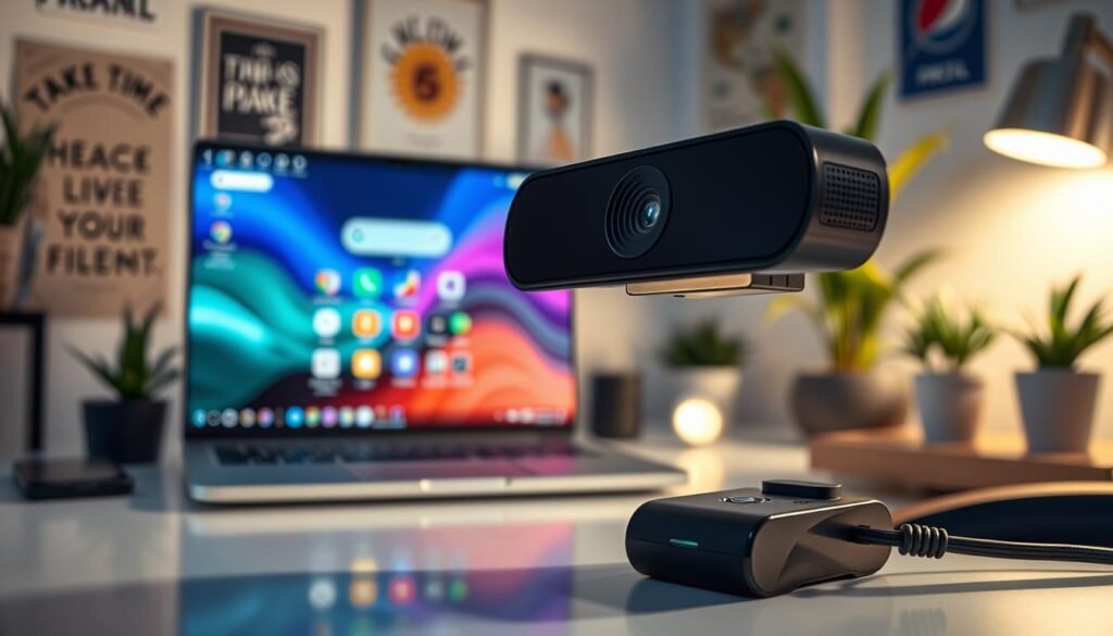 A high-quality webcam setup showcasing the sleek design of a modern webcam with a polished black finish and integrated LED lighting. In the foreground, the webcam is positioned on a minimalistic desk, capturing reflections and subtle shadows for depth. The middle ground features a blurred laptop screen displaying vibrant Android 15 interface elements, emphasizing its hidden battery-checking feature. In the background, a softly lit room adorned with potted plants and motivational posters creates a warm, inviting atmosphere, ideal for remote work and tech exploration. The image is illuminated with soft, diffused lighting to enhance details and textures, creating a professional yet approachable mood.