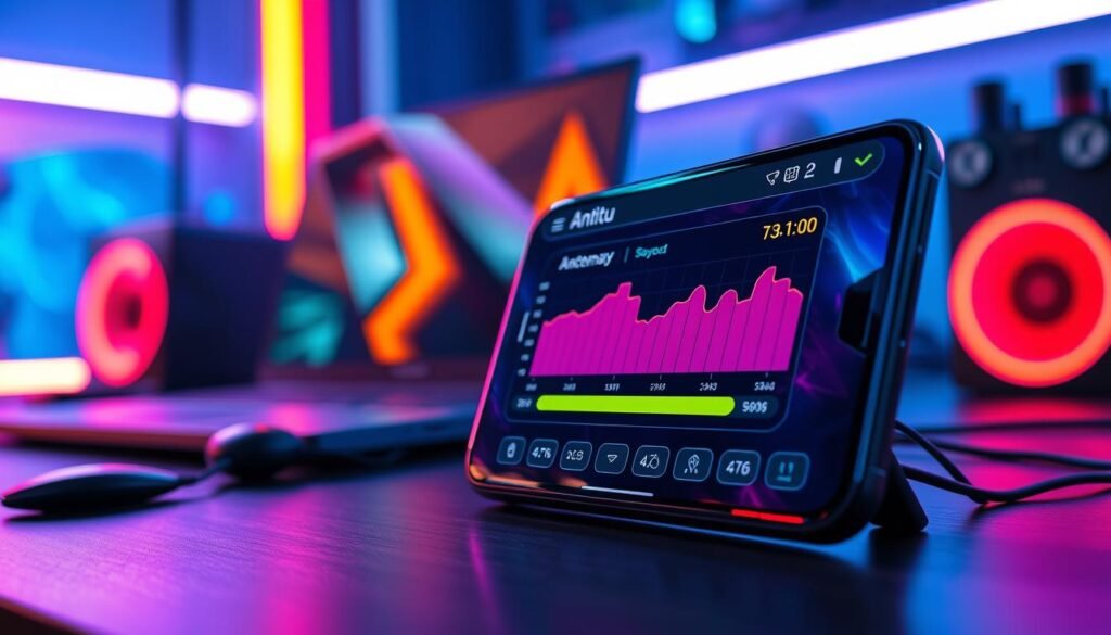 A high-tech digital scene depicting an Antutu benchmark performance screen prominently displayed on a sleek gaming smartphone. In the foreground, the smartphone is angled slightly towards the viewer, showcasing the vibrant, colorful benchmark scores and graphs with a glowing interface. In the middle ground, a subtle blur of a gaming setup includes a modern gaming laptop and accessories, hinting at a competitive gaming atmosphere. The background features soft, dynamic lighting that highlights the tech ambiance, with LED strips casting colorful reflections. The overall mood is vibrant and high-energy, emphasizing the cutting-edge performance of the Dimensity 9200 chipset as compared to traditional Snapdragon models, while maintaining a professional tone without any overlay or text elements.