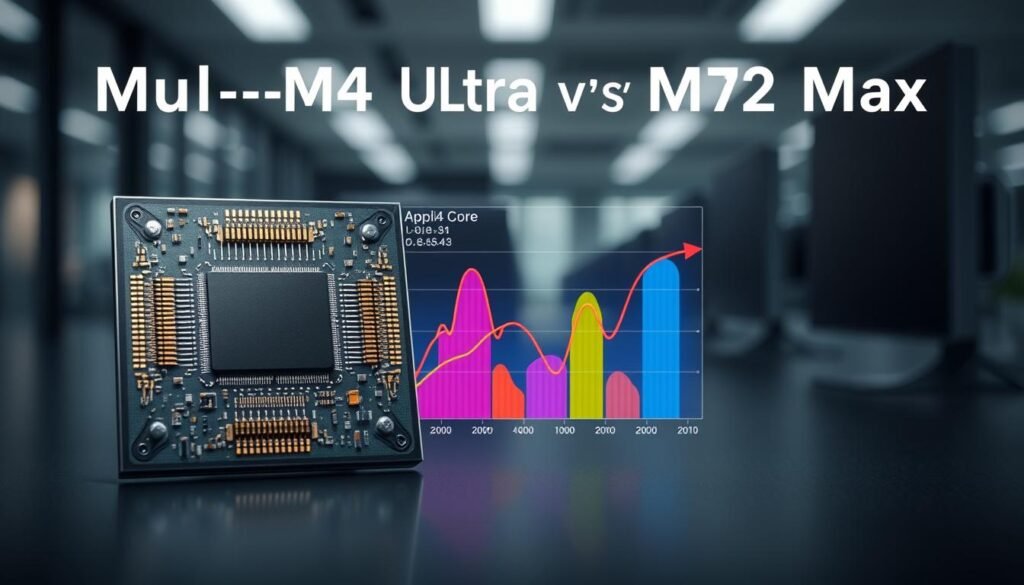 A high-tech visualization comparing the performance of multi-core chips, emphasizing the Apple M4 Ultra against competitors like the M2 Max. In the foreground, a sleek, modern multi-core chip design is showcased, highlighting intricate circuits and components with metallic textures. The middle layer features a dynamic graph illustrating performance metrics, with vibrant colors to represent the speed and efficiency differences. In the background, a blurred office environment creates depth, suggesting a technological setting. Soft, focused lighting highlights the chip and graph, creating an atmosphere of innovation and advancement. The composition should feel professional and informative, capturing the essence of high-performance computing in a clear and appealing manner.