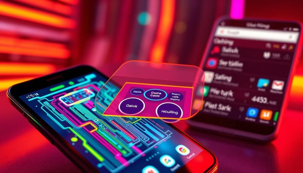 A highly detailed digital illustration of a cache partition in a vibrant Android environment. In the foreground, a glowing smartphone screen displays a complex graphic representing cache data, with bright colors and vivid lines illustrating data flow. The middle ground features a semi-transparent layer showing the inner workings of the cache partition, including circular memory blocks labeled with technical terms like "dalvik" and "rebuilding." The background is a blurred depiction of an Android interface, showcasing app icons and system settings in soft-focus for depth. The lighting is dynamic, with neon hues casting a futuristic atmosphere, while the angle is slightly tilted for an engaging perspective. The overall mood conveys innovation and efficiency in technology. A highly detailed digital illustration of a cache partition in a vibrant Android environment. In the foreground, a glowing smartphone screen displays a complex graphic representing cache data, with bright colors and vivid lines illustrating data flow. The middle ground features a semi-transparent layer showing the inner workings of the cache partition, including circular memory blocks labeled with technical terms like "dalvik" and "rebuilding." The background is a blurred depiction of an Android interface, showcasing app icons and system settings in soft-focus for depth. The lighting is dynamic, with neon hues casting a futuristic atmosphere, while the angle is slightly tilted for an engaging perspective. The overall mood conveys innovation and efficiency in technology.