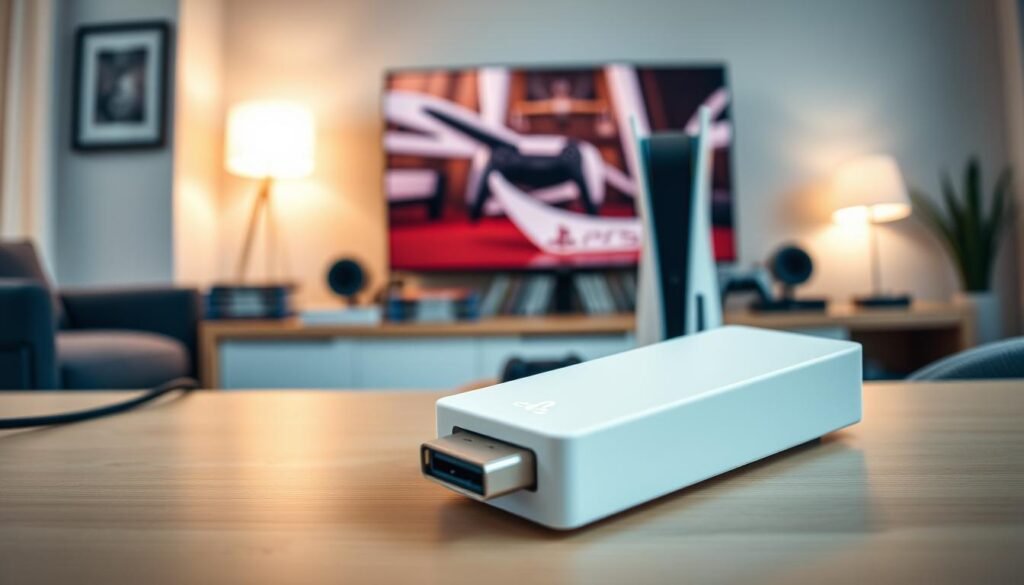 A modern USB extended storage device prominently displayed in the foreground, showcasing its sleek design with LED indicators and data transfer ports. In the middle ground, a PlayStation 5 console sits elegantly on a stylish gaming desk, surrounded by game cases and a muted color palette for a tech-savvy atmosphere. The background features a softly blurred home entertainment setup, hinting at a cozy gaming environment with dimmed warm lighting, creating an inviting mood. The camera angle is slightly above eye level, focusing on the USB device and console, capturing the essence of seamless gaming and data management. The overall image conveys a sense of modern technology, readiness for intensive game installations, and efficient data transfer, suitable for a gaming article.