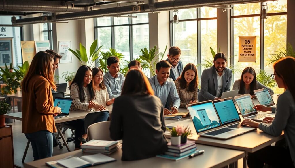 A modern and dynamic educational startup office in Bandung, reflecting an innovative edutech atmosphere. In the foreground, a diverse group of professionals are engaged in a brainstorming session, dressed in smart casual clothing, showcasing collaboration and creativity. The middle section features sleek, contemporary desks with laptops displaying educational software, surrounded by books and educational materials. The background includes large windows letting in warm, natural light, creating an inviting space with green plants and motivational posters on the walls. The scene conveys a sense of excitement and inspiration, with a lens focus that emphasizes the interaction among the team. The overall mood is vibrant and forward-looking, emphasizing the startup culture in the tech education sector.