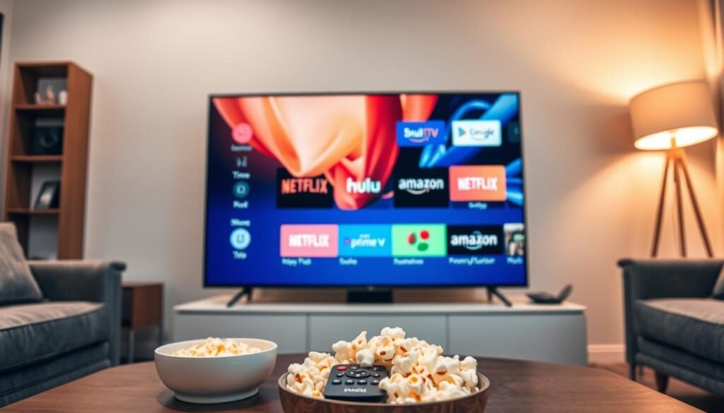 A modern living room scene featuring a large Smart TV displaying various streaming application icons like Netflix, Hulu, and Amazon Prime Video. In the foreground, a stylish coffee table holds a remote control and a bowl of popcorn. The middle of the image showcases the Smart TV, with vibrant screen colors illuminating the room. In the background, cozy sofas and a warm atmosphere created by soft lighting from a nearby lamp, contributing to a relaxed and inviting mood. The angle should be slightly from below, capturing the TV's screen while emphasizing the comfort of the space, simulating a viewer’s perspective. Ensure no human subjects are present to maintain focus on the technology and ambiance.