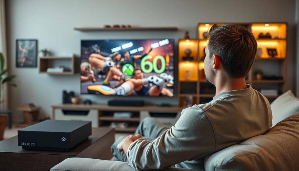 A modern living room scene featuring a sleek Xbox Series X console prominently displayed on a stylish media unit. In the foreground, a gamer with short hair dressed in a comfortable yet neat casual outfit is sitting on a plush sofa, intently focused on the screen. The middle ground showcases a large, high-definition TV displaying vibrant gameplay from an Xbox 360 title, emphasizing the iconic graphics of 15 years ago. The background includes shelves adorned with gaming collectibles and ambient lighting, creating a cozy atmosphere. Soft light fills the room, enhancing the nostalgic mood while showcasing the console's compatibility features. A DSLR wide-angle lens captures the entire setup, providing an immersive perspective of the gaming experience. A modern living room scene featuring a sleek Xbox Series X console prominently displayed on a stylish media unit. In the foreground, a gamer with short hair dressed in a comfortable yet neat casual outfit is sitting on a plush sofa, intently focused on the screen. The middle ground showcases a large, high-definition TV displaying vibrant gameplay from an Xbox 360 title, emphasizing the iconic graphics of 15 years ago. The background includes shelves adorned with gaming collectibles and ambient lighting, creating a cozy atmosphere. Soft light fills the room, enhancing the nostalgic mood while showcasing the console's compatibility features. A DSLR wide-angle lens captures the entire setup, providing an immersive perspective of the gaming experience.