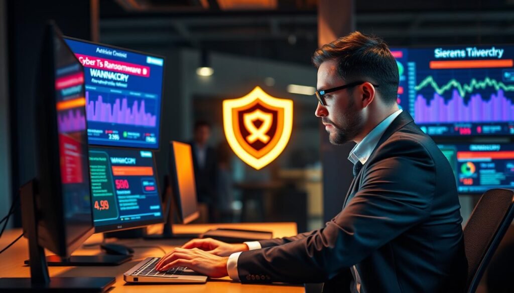 A modern office environment depicting a cybersecurity expert working intently on a computer, analyzing data related to ransomware threats. In the foreground, showcase a focus on the expert, dressed in professional business attire, immersed in typing with a look of concentration. The middle layer features multiple screens displaying vibrant graphs and alerts indicating cyber threats, specifically illustrating WannaCry and its variants. In the background, a digital shield symbol glows subtly, representing the concept of protection against cyber attacks. The overall lighting is warm and focused, highlighting the expert while casting a soft glow on the screens. The mood is serious yet hopeful, showcasing proactive measures against cybercrime in 2024.