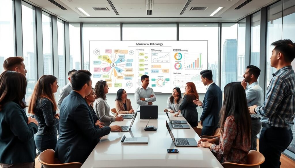 A modern office meeting room filled with professionals discussing technology and innovation, featuring a large whiteboard displaying colorful diagrams and strategic plans related to educational technology. In the foreground, a diverse group of individuals in professional business attire passionately engaging with each other, exchanging ideas. The middle ground showcases a sleek table with laptops and digital devices, emphasizing a tech-driven atmosphere. The background includes large windows with a cityscape view of Bandung, signifying the location of the startup. The lighting is bright and dynamic, creating an energetic mood, captured with a wide-angle lens for depth. The scene embodies collaboration and strategic thinking in the realm of educational technology acquisition.