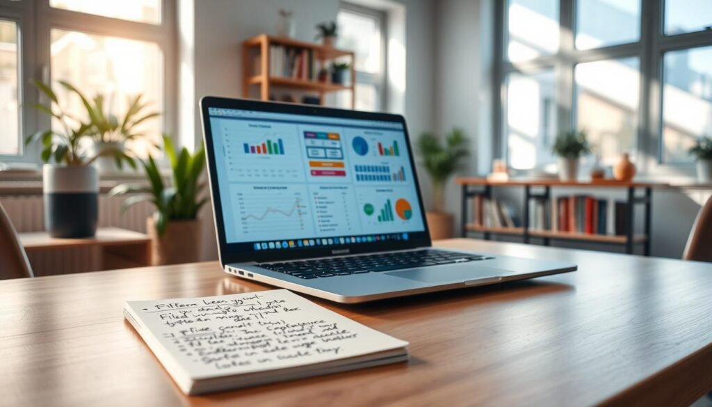 A modern, sleek workspace featuring a high-tech laptop on a polished wooden desk, with vibrant diagrams and charts displayed on the screen, illustrating concepts related to technical credits and references in software development. In the foreground, a neatly organized notepad filled with handwritten notes on file systems and optimization strategies lies next to the laptop. The middle ground shows a softly lit room with plants in the background and shelves filled with technical books and resources. Natural sunlight pours in through large windows, casting gentle shadows, creating a warm and inviting atmosphere. The overall mood is professional and focused, highlighting innovation and clarity in technology. The image should evoke a sense of purpose and inspiration, tailored for a technical audience. A modern, sleek workspace featuring a high-tech laptop on a polished wooden desk, with vibrant diagrams and charts displayed on the screen, illustrating concepts related to technical credits and references in software development. In the foreground, a neatly organized notepad filled with handwritten notes on file systems and optimization strategies lies next to the laptop. The middle ground shows a softly lit room with plants in the background and shelves filled with technical books and resources. Natural sunlight pours in through large windows, casting gentle shadows, creating a warm and inviting atmosphere. The overall mood is professional and focused, highlighting innovation and clarity in technology. The image should evoke a sense of purpose and inspiration, tailored for a technical audience.