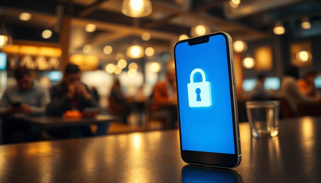 A modern smartphone displayed prominently in the foreground, its screen glowing with a subtle blue light to signify active features. The device is surrounded by a softly blurred background depicting a public Wi-Fi zone, such as a café with patrons focusing on their devices, illustrating a connected environment. The lighting is warm and inviting, creating a relaxed yet tech-savvy atmosphere. A security padlock icon subtly integrates into the image, symbolizing privacy and protection. The smartphone design should suggest advanced technology, with sleek lines and a minimalist aesthetic. The overall mood should convey the importance of maintaining personal security while using public networks, focusing on the concealed identity aspect without any explicit features.