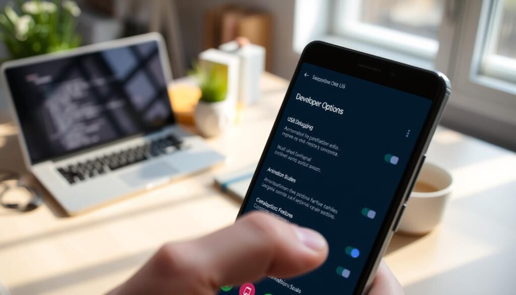 A modern smartphone displaying the "Developer Options" menu in Samsung One UI 6, showcasing various hidden features. In the foreground, a close-up of the smartphone screen with vibrant icons and settings like "USB Debugging" and "Animation Scales" clearly visible. The middle ground includes a blurred hand navigating the device, emphasizing user interaction. The background features a softly lit workspace with a laptop, coding books, and a plant, creating a tech-savvy atmosphere. Natural light filters through a window, casting gentle shadows, and enhancing the professional feel. The overall mood is focused and dynamic, portraying a tech enthusiast's environment engaged in exploring advanced smartphone capabilities.