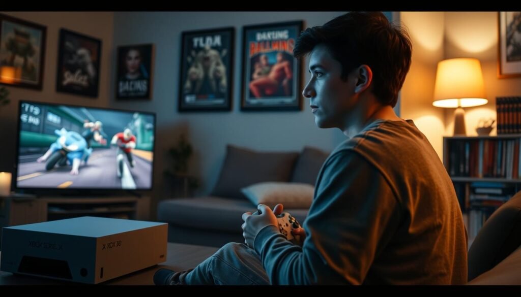 A nostalgic scene of a living room during the evening, showcasing a person in comfortable casual clothing playing an Xbox 360 game on an Xbox Series X console. In the foreground, the player, a young adult with focused expression, is intensely engaged with the game controller in hand, illuminated by the soft glow of the TV screen. The middle ground features the sleek design of the Xbox Series X beside the older Xbox 360, highlighting the contrast in technology. In the background, a cozy ambiance with dim lighting, framed game posters on the walls, and a collection of classic game titles on a shelf. The overall atmosphere is one of excitement and nostalgia, capturing the thrill of revisiting classic games from 15 years ago, with warm lighting creating a relaxed vibe. A nostalgic scene of a living room during the evening, showcasing a person in comfortable casual clothing playing an Xbox 360 game on an Xbox Series X console. In the foreground, the player, a young adult with focused expression, is intensely engaged with the game controller in hand, illuminated by the soft glow of the TV screen. The middle ground features the sleek design of the Xbox Series X beside the older Xbox 360, highlighting the contrast in technology. In the background, a cozy ambiance with dim lighting, framed game posters on the walls, and a collection of classic game titles on a shelf. The overall atmosphere is one of excitement and nostalgia, capturing the thrill of revisiting classic games from 15 years ago, with warm lighting creating a relaxed vibe.