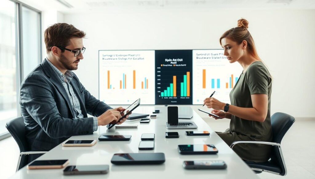 A professional analyst and developer engaged in a discussion about smartphone bloatware, seated in a modern office environment. The foreground features a well-dressed male expert, mid-30s, with glasses, analyzing data on a tablet, while a female colleague, also in professional attire, jots down notes with a serious expression. The middle ground shows a sleek desk cluttered with various Android devices and a large screen displaying graphs comparing Pixel UI and One UI bloatware statistics. The background includes a bright, minimalist office with large windows letting in natural light, creating an academic, focused atmosphere. The overall mood is insightful and analytical, with a soft, even lighting that emphasizes the seriousness of the discussion.