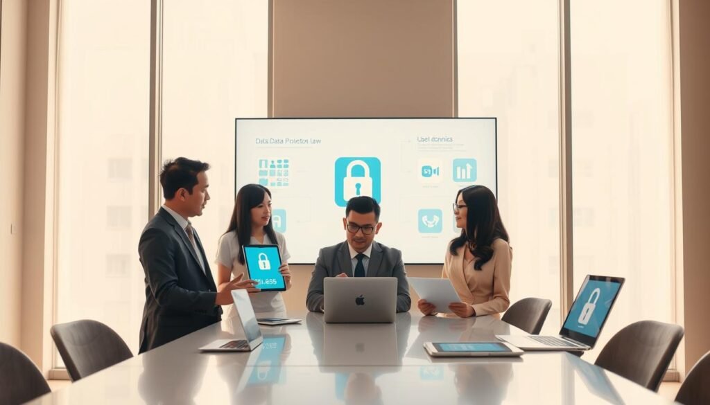 A professional-looking office scene depicting the concept of personal data protection in Indonesia. In the foreground, a diverse group of three business professionals, dressed in formal attire, are engaged in a discussion around a sleek conference table with digital devices like tablets and laptops displaying data protection icons. In the middle ground, a large screen displays graphics representing data protection laws and user privacy concepts, incorporating elements like padlocks and shields. The background features large windows letting in soft natural light, creating a warm and inviting atmosphere. The mood is focused and collaborative, highlighting the importance of user data protection as part of the regulatory environment in Indonesia. Aim for a clean and modern aesthetic, emphasizing professionalism and clarity.