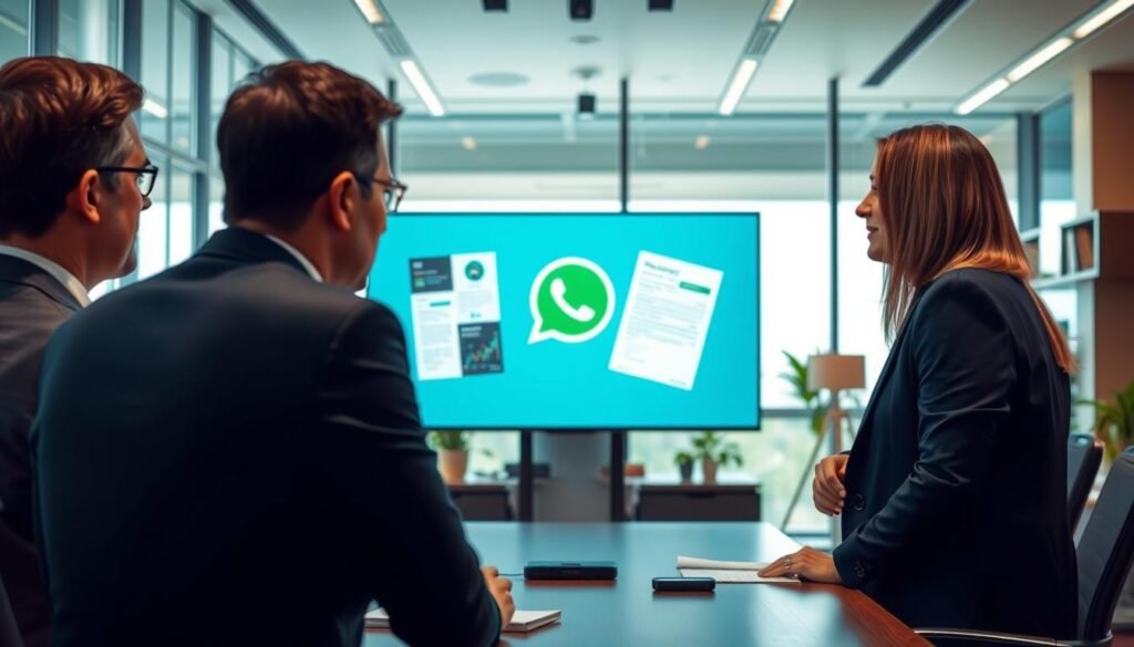 A professional meeting scene focusing on technology regulation, set in a modern office environment. In the foreground, three individuals in business attire, two men and one woman, engaged in a discussion about WhatsApp's new payment regulations. The middle layer features a large screen displaying the WhatsApp logo alongside images of government paperwork, symbolizing the regulation. The background depicts a sleek office with large windows, allowing natural light to filter in, creating a bright and optimistic atmosphere. The room is adorned with tech-related decor, such as gadgets and charts. The mood is serious yet collaborative, emphasizing the impact of digital regulations on communication platforms. Use a wide-angle lens to capture the entire scene, highlighting the interactions among the professionals.