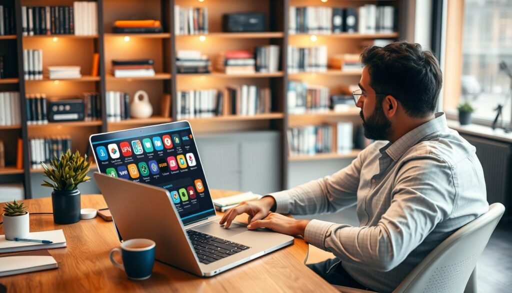 A professional workspace featuring a knowledgeable individual sitting at a desk while comparing various VPN services on a laptop screen. In the foreground, vividly display the laptop with colorful VPN app icons and a detailed comparison chart showing features like security, speed, and user ratings. The middle layer includes stylish office decor, such as a small plant, notebooks, and a cup of coffee to create a productive atmosphere. In the background, softly illuminated bookshelves filled with technology-related books add depth. Use warm lighting to evoke a sense of focus and reliability. Capture the scene from a slightly elevated angle to emphasize the subject's engagement with the task. The overall mood should be informative and professional, emanating trust and clarity in choosing the right VPN. A professional workspace featuring a knowledgeable individual sitting at a desk while comparing various VPN services on a laptop screen. In the foreground, vividly display the laptop with colorful VPN app icons and a detailed comparison chart showing features like security, speed, and user ratings. The middle layer includes stylish office decor, such as a small plant, notebooks, and a cup of coffee to create a productive atmosphere. In the background, softly illuminated bookshelves filled with technology-related books add depth. Use warm lighting to evoke a sense of focus and reliability. Capture the scene from a slightly elevated angle to emphasize the subject's engagement with the task. The overall mood should be informative and professional, emanating trust and clarity in choosing the right VPN.