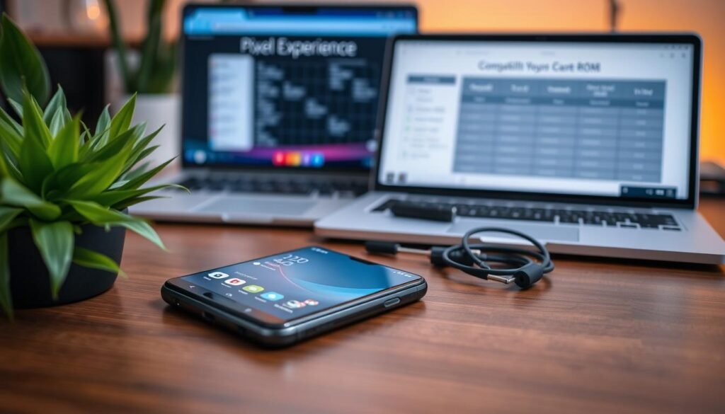 A sleek and modern smartphone featuring the Pixel Experience custom ROM interface displayed prominently on the screen. In the foreground, highlight the smartphone resting on a stylish wooden table, with a green plant nearby to add a touch of nature. In the middle ground, incorporate a carefully arranged set of tools for installation: a screwdriver, USB cable, and a laptop showing a compatibility chart for Xiaomi devices. The background features a softly blurred workspace with warm ambient lighting, creating a welcoming tech atmosphere. The image captures a sense of preparation and professionalism for users interested in custom ROMs, conveying reliability and innovation. Use a soft focus for a warm mood, enhancing the visual appeal without distractions.