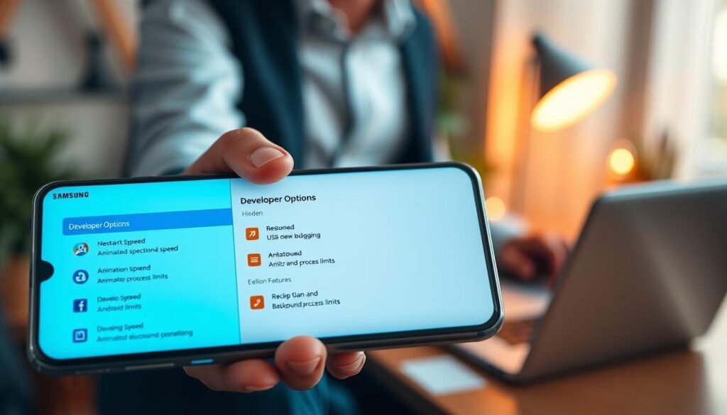 A sleek and modern smartphone screen displaying the "Developer Options" menu from Samsung One UI 6. The foreground features a detailed view of the screen, showcasing eight hidden menus with icons that represent various developer features like USB debugging, animation speed, and background process limits. In the middle, the sleek device is held by a professional person wearing smart-casual attire, with their fingers gently tapping the screen. The background is slightly blurred, highlighting a cozy tech workspace with a soft-focus laptop and ambient lighting. The atmosphere conveys a sense of innovation and productivity, with warm and inviting colors emanating from the device's display, capturing the essence of a developer's environment. The lighting is bright yet soft, emphasizing clarity.