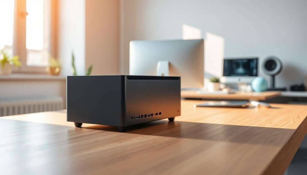 A sleek, high-end Mac Studio featuring the exclusive Apple M4 Ultra chip prominently displayed in the foreground. The device is arranged on a minimalist wooden desk, with soft natural light streaming in from a large window, creating a warm and inviting atmosphere. In the middle ground, a subtle blurred backdrop of a modern tech workspace is visible, accentuating the device’s elegance. The Mac Studio is angled slightly, showcasing its unique design and advanced ports. The lighting adds a soft glow to the device, highlighting its premium materials and finish. The overall mood is one of exclusivity and innovation, inviting the viewer to appreciate the exceptional performance of this cutting-edge technology.