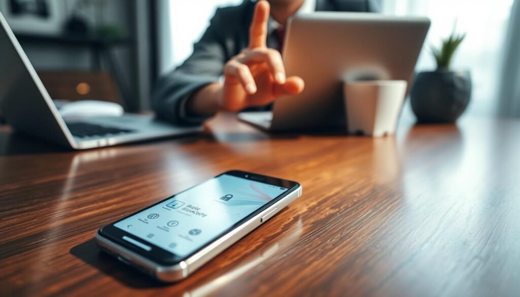 A sleek, modern smartphone on a table showcasing a banking app interface, reflecting the concept of security and technology. In the foreground, the phone is angled to display a clear view of the screen, which features a digital lock symbol and banking options. The surface beneath is dark wood, providing a warm contrast. In the middle ground, a faint reflection of a user’s hand, casually dressed but professional, hovers near the device, symbolizing interaction and caution. In the background, soft-focus elements like a laptop and a potted plant suggest a cozy, tech-savvy workspace. The lighting is bright and focused, creating an atmosphere of clarity and safety, emphasizing the importance of device security.