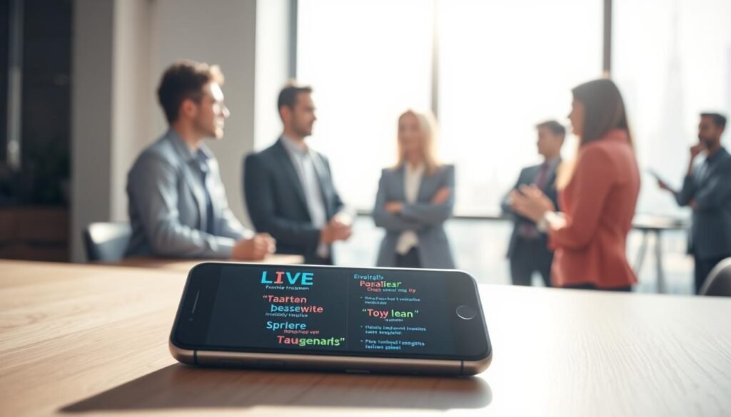 A sleek modern smartphone prominently displayed in the foreground, showcasing a vibrant live translation feature on its screen, with colorful text appearing in various languages. The phone is positioned on a simplistic wooden desk, suggesting a professional setting. In the middle ground, a diverse group of individuals in professional business attire are engaged in discussion, seemingly using the translation feature to communicate seamlessly. Soft, natural light filters through a nearby window, creating an inviting and warm atmosphere. The background features blurred silhouettes of an office environment, hinting at collaboration and innovation. The overall mood is focused and dynamic, reflecting the efficiency of offline AI technology in a connected yet independent manner.