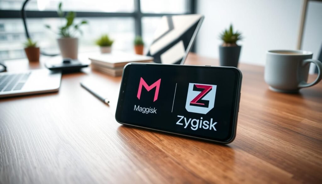 A sleek, modern smartphone screen displaying the Magisk and Zygisk logos prominently in the foreground, symbolizing rooting success. The device is shown on a stylish wooden desk, adorned with tech gadgets like a laptop and a few coding books in the middle ground, reflecting a tech-savvy environment. In the background, blurred, soft-focused elements of a contemporary workspace, such as potted plants and a coffee mug, create a casual yet professional atmosphere. The lighting is bright, enhancing the vibrant colors of the app logos and casting gentle reflections on the device screen. The overall mood is optimistic and innovative, capturing the essence of advanced mobile technology and user empowerment. The camera angle is slightly above the device, creating a dynamic perspective without any distractions or text.
