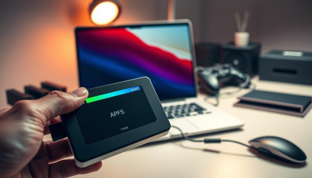 A sleek, modern workspace featuring a close-up shot of an external SSD connected to a laptop, set against a soft-lit background. The foreground includes a hand holding an on-screen display of the formatting process, showcasing a progress bar and the APFS file system option in vibrant colors. In the middle, the laptop screen gleams with reflections, emphasizing the high-tech theme. The background is softly blurred to keep the focus on the laptop and SSD, with subtle hints of an organized desk, including tech gadgets and minimalistic decor. The atmosphere is professional yet inviting, capturing the essence of high-performance gaming gear being prepared for a PS5. The lighting is warm and inviting, creating a focused mood conducive to productivity.