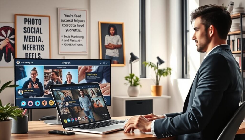 A vibrant scene depicting a modern workspace focused on social media growth through AI. In the foreground, a confident individual in professional attire is engaging with their laptop, showcasing a visually appealing Instagram interface filled with increasing follower counts and trending AI-generated reels. The middle ground features a digital screen displaying dynamic visuals of photo-to-reel transformations, emphasizing creativity and innovation. The background includes motivational posters about social media success and a stylish bookshelf filled with marketing books. Soft, natural lighting floods the room, creating an inspiring and productive atmosphere. The mood is energetic and forward-thinking, illustrating the transformative power of AI in boosting social media presence.