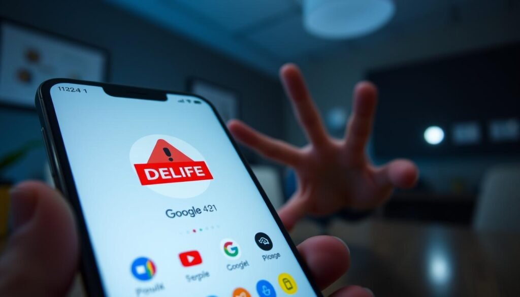 A visual representation of a smartphone screen displaying a Google application with a red "deleted" symbol prominently featured. In the foreground, focus on the clear and intuitive app icon design, showing hints of popular Google app elements, but marked with a noticeable warning overlay. The middle layer includes a blurred view of a hand reaching out to interact with the phone, conveying a sense of urgency and concern. The background features a softly focused, dimly lit room with a subtle glow from a computer screen, indicating a research atmosphere. The overall mood should evoke a sense of caution and curiosity about deleted apps, with soft lighting emphasizing the tension. Use a wide-angle lens effect to enhance the scene's depth, ensuring it feels immersive and engaging. A visual representation of a smartphone screen displaying a Google application with a red "deleted" symbol prominently featured. In the foreground, focus on the clear and intuitive app icon design, showing hints of popular Google app elements, but marked with a noticeable warning overlay. The middle layer includes a blurred view of a hand reaching out to interact with the phone, conveying a sense of urgency and concern. The background features a softly focused, dimly lit room with a subtle glow from a computer screen, indicating a research atmosphere. The overall mood should evoke a sense of caution and curiosity about deleted apps, with soft lighting emphasizing the tension. Use a wide-angle lens effect to enhance the scene's depth, ensuring it feels immersive and engaging.