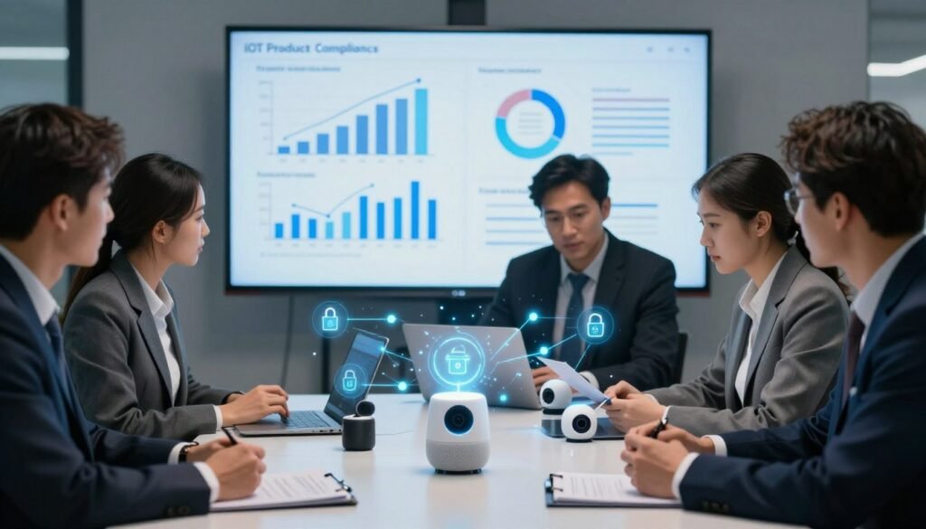 A visual representation of global product compliance in the context of IoT security, featuring a modern office setting. In the foreground, a diverse group of professionals in business attire, discussing compliance documents and digital devices, symbolizing collaboration and regulation adherence. The middle ground shows a table with various smart home devices like smart speakers, thermostats, and security cameras, interconnected by glowing lines representing data flow and cybersecurity measures. The background features a large screen displaying compliance graphs and regulatory documents, bathed in soft, professional lighting that creates a serious and informative atmosphere. Use a slight depth of field to emphasize the professionals while ensuring all elements are clearly visible, conveying a sense of urgency and responsibility regarding IoT security standards.