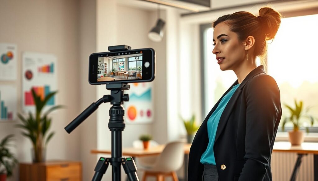 An eye-catching digital composition showcasing "best practices for Instagram AI Reels". In the foreground, a well-dressed young professional woman, engaged and focused, stands before a smartphone on a tripod, capturing dynamic video content. Her attire is modern and vibrant, embodying creativity. In the middle ground, various visual elements like colorful charts and social media icons gracefully blend, representing successful video strategies. The background features a stylish workspace bathed in natural light, with soft, inviting tones emanating from a large window, creating a motivating atmosphere. The scene is composed with a slight depth-of-field effect, emphasizing the subject while providing a visually appealing context for the article. Overall, the mood radiates creativity, professionalism, and innovation in digital content creation.