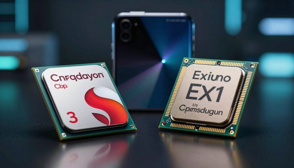 A detailed close-up of two contrasting chipsets: a Qualcomm Snapdragon and a Samsung Exynos. In the foreground, the Snapdragon chipset is sleek and modern, showcasing its intricate circuitry and branding, while the Exynos has a distinct, equally powerful design, highlighted by its advanced tech features. Both chipsets are placed on a reflective surface that subtly mirrors their details. In the middle ground, a blurred abstract representation of a smartphone silhouette emerges, hinting at their future applications. The background features soft bokeh lights, mimicking a high-tech environment, with a focus on blue and green hues to evoke innovation. The lighting is crisp and emphasizes the textures of the chipsets, creating a futuristic and competitive atmosphere.