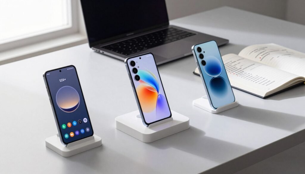 A detailed comparison of smartphone specifications laid out on a sleek, modern desk. In the foreground, display three latest smartphone models—Samsung Galaxy S26, S26+, and a competitor model—highlighting their distinct features like camera layout, screen size, and design. Each phone should be positioned on white minimalist stands, showcasing high-resolution images of their screens turned on, displaying vibrant interface designs. In the middle background, include a stylish laptop and an open notebook with technical charts and specs written in bullet points, enhancing the tech-savvy atmosphere. Use soft, natural lighting from a nearby window to create an inviting workspace feel, with shadows subtly cast for depth. The overall mood should be professional and informative, inviting the viewer to explore smartphone choices.