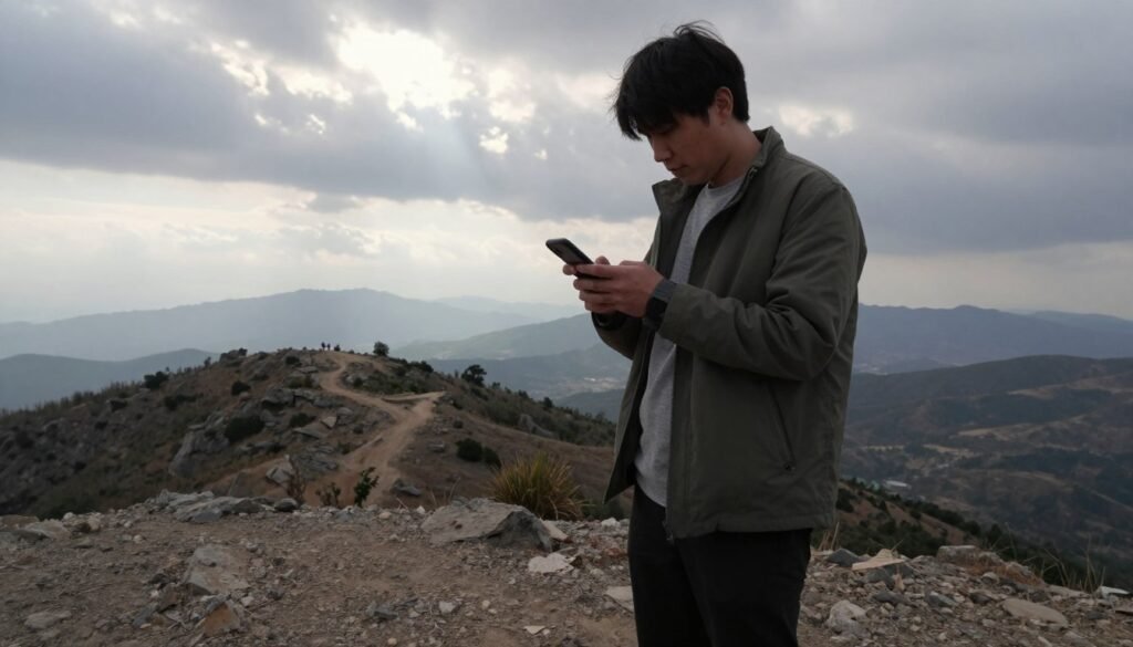 A person in a modest casual outfit, standing on a rocky hilltop in a remote area, holding a smartphone to find a signal. The foreground features the individual with a focused expression, peering at the phone screen. In the middle ground, the landscape reveals sparse vegetation and rugged terrain, conveying isolation. The background showcases distant mountains under a cloudy sky, hinting at an overcast day, with soft light filtering through the clouds, creating a moody atmosphere. The scene captures a sense of determination and challenge, emphasizing the struggle for connectivity in a low-signal environment. The overall composition is framed with a slightly low-angle perspective, enhancing the feeling of vastness in the wilderness. A person in a modest casual outfit, standing on a rocky hilltop in a remote area, holding a smartphone to find a signal. The foreground features the individual with a focused expression, peering at the phone screen. In the middle ground, the landscape reveals sparse vegetation and rugged terrain, conveying isolation. The background showcases distant mountains under a cloudy sky, hinting at an overcast day, with soft light filtering through the clouds, creating a moody atmosphere. The scene captures a sense of determination and challenge, emphasizing the struggle for connectivity in a low-signal environment. The overall composition is framed with a slightly low-angle perspective, enhancing the feeling of vastness in the wilderness.