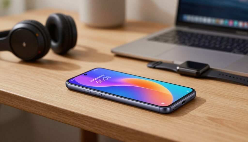 A sleek Infinix smartphone from the Smart series, prominently featuring a robust 6000 mAh battery. The phone is positioned in the foreground, displaying its vibrant screen with vivid colors and modern design elements. The middle layer includes a subtle focus on a minimalist workspace, showcasing a wooden desk with tech accessories, including headphones and a smartwatch, enhancing the smartphone's appeal. In the background, a softly blurred ambient setting indicates a cozy home environment with gentle lighting that evokes a sense of reliability and comfort. The overall mood is one of modern technology mingled with practicality, making the smartphone look indispensable for users in areas with minimal signal. The image should be captured from a slightly elevated angle to accentuate the smartphone’s features and maintain a professional allure. A sleek Infinix smartphone from the Smart series, prominently featuring a robust 6000 mAh battery. The phone is positioned in the foreground, displaying its vibrant screen with vivid colors and modern design elements. The middle layer includes a subtle focus on a minimalist workspace, showcasing a wooden desk with tech accessories, including headphones and a smartwatch, enhancing the smartphone's appeal. In the background, a softly blurred ambient setting indicates a cozy home environment with gentle lighting that evokes a sense of reliability and comfort. The overall mood is one of modern technology mingled with practicality, making the smartphone look indispensable for users in areas with minimal signal. The image should be captured from a slightly elevated angle to accentuate the smartphone’s features and maintain a professional allure.